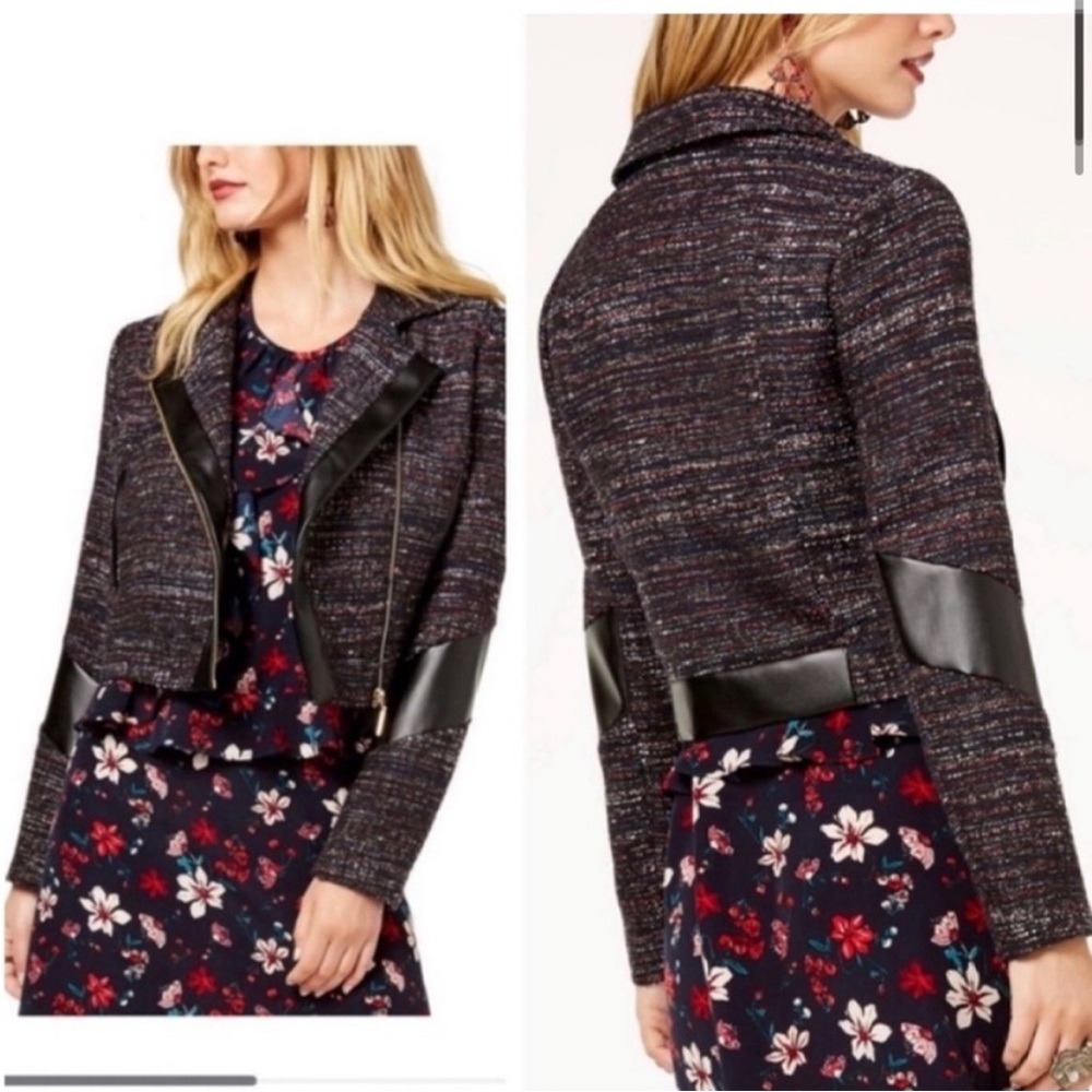 NWT Zoe by Rachel Zoe Tweed Faux Leather Moto Jacket zip up size medium